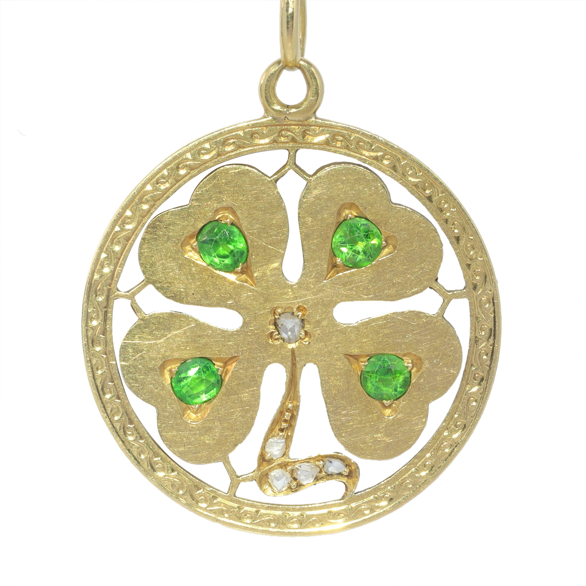 Vintage 1920's Art Deco four leaf clover luck charm set with real demantoid and diamonds
